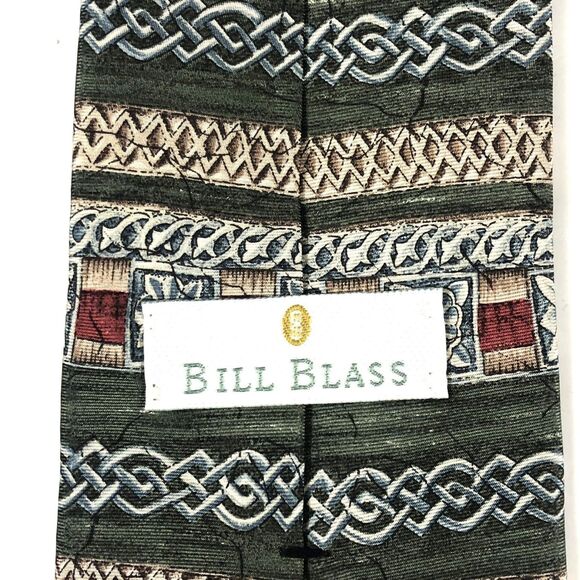 Vintage Bill Blass Silk Tie Green Celtic Knot Geometric Medallion Made in USA - Picture 5 of 6